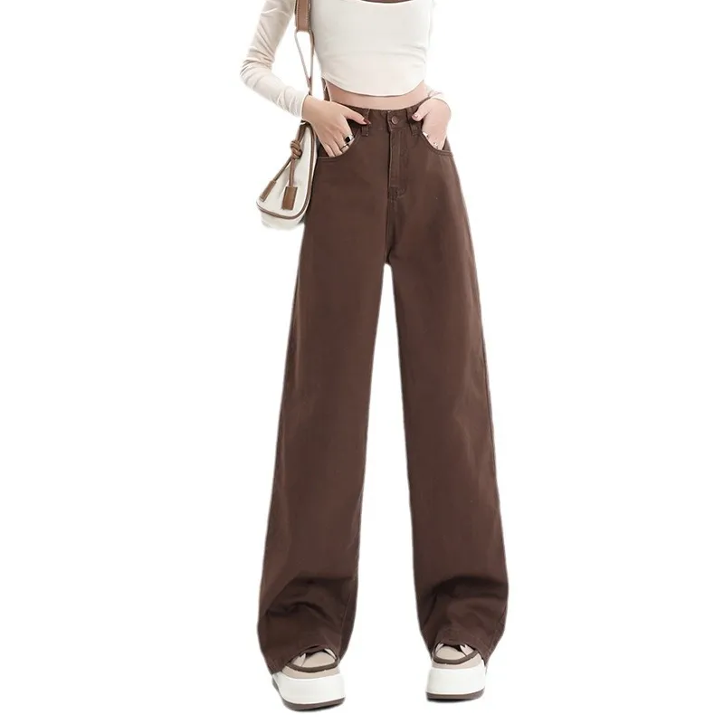 Retro Brown High Waist Straight Pants Women's Wide Leg Mop Pants - Brown