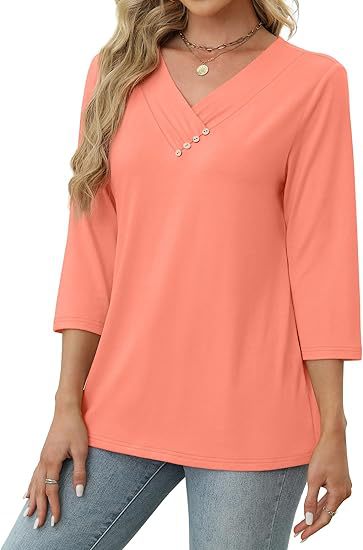 Coral pink women’s autumn button v-neck cotton shirt