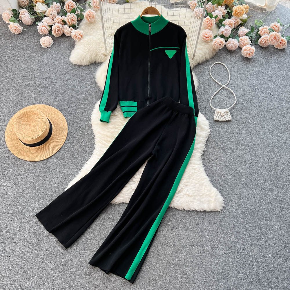 Athletic Contrast-color Long-sleeve Baseball Jacket And Casual Pants Set