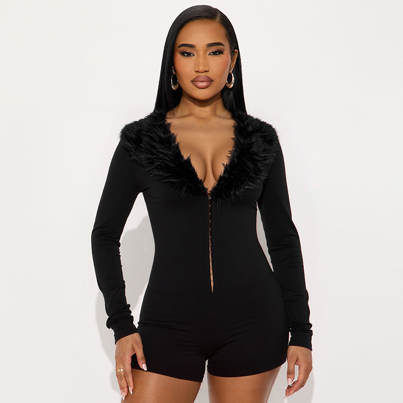 Women's Deep V-Neck Furry Collar Long-Sleeve Jumpsuit - Image 1