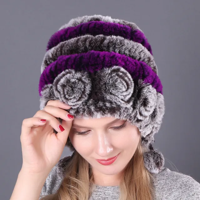 Warm Thickened Earflaps Fur Rex Rabbit Fur Hat Three Balls Autumn And Winter Color 8 - Shop at LoveMi
