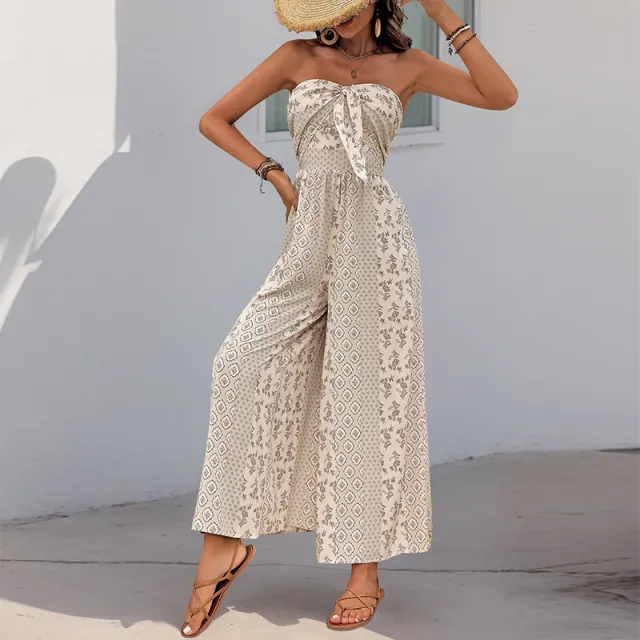 Women's Sleeveless Tube Top Printed Jumpsuit Apricot - Shop at LoveMi