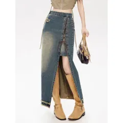 Women's Retro Lace Up High Waist Denim Skirt - Retro Blue - View 1