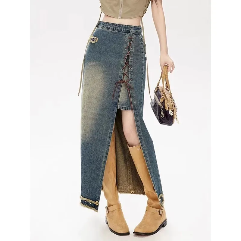 Women's Retro Lace Up High Waist Denim Skirt - Retro Blue