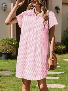 Women's Striped Shirt Dress - Pink - View 1