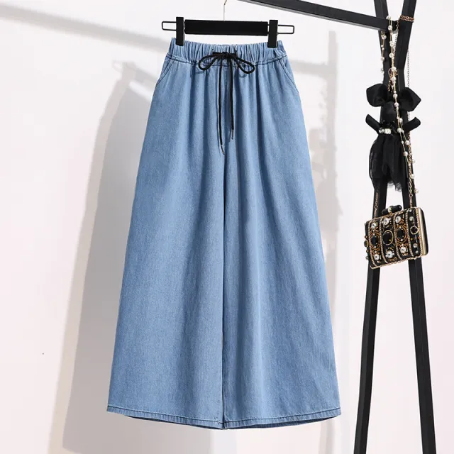 Women's Lace up Thin Elastic Waist Casual Denim Cropped Pants Blue - Shop at LoveMi