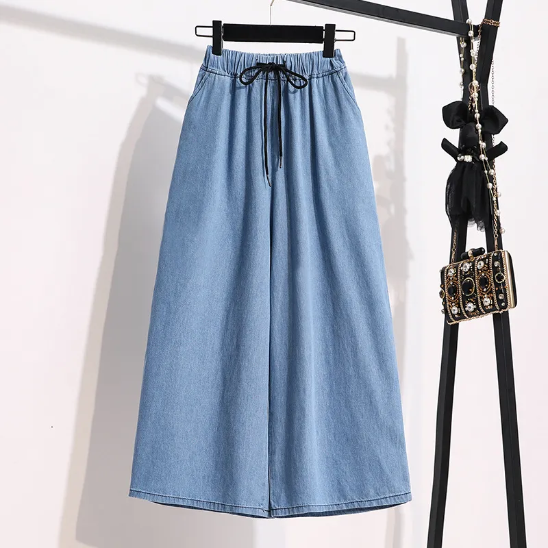 Women's Lace-up Thin Elastic Waist Casual Denim Cropped Pants - Blue