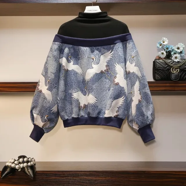 Women's Fashion Stitching Crane Print Sweater Flower Color 2 L - Shop at LoveMi