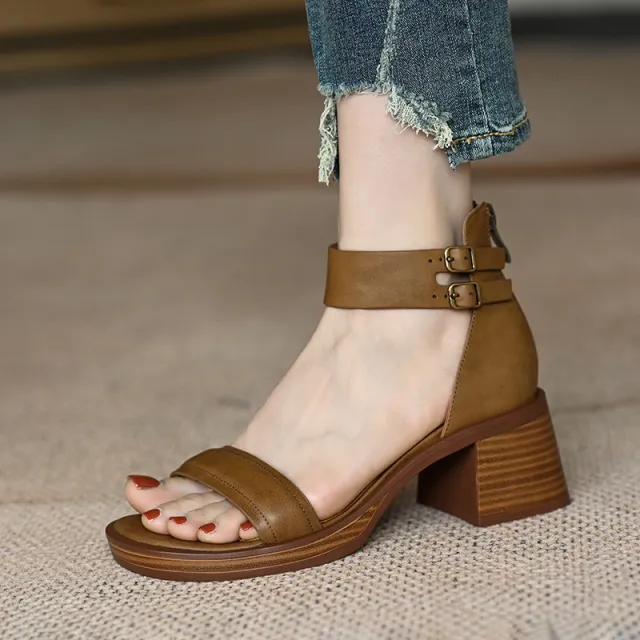 Chunky Heel Back Zip Platform French Style Mid Heel Wide Strap High Heel Shoes Khaki - Shop at LoveMi