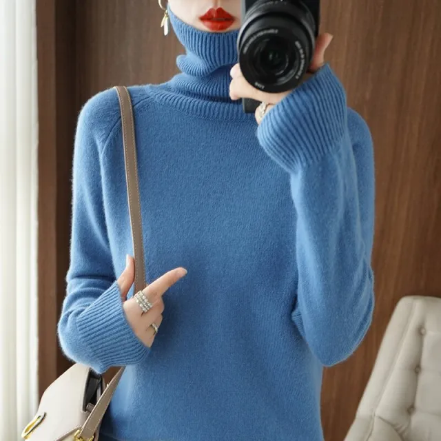 Women's Long sleeved Bottoming Shirt Slim Slimming High Collar Sweater Haze Blue - Shop at LoveMi