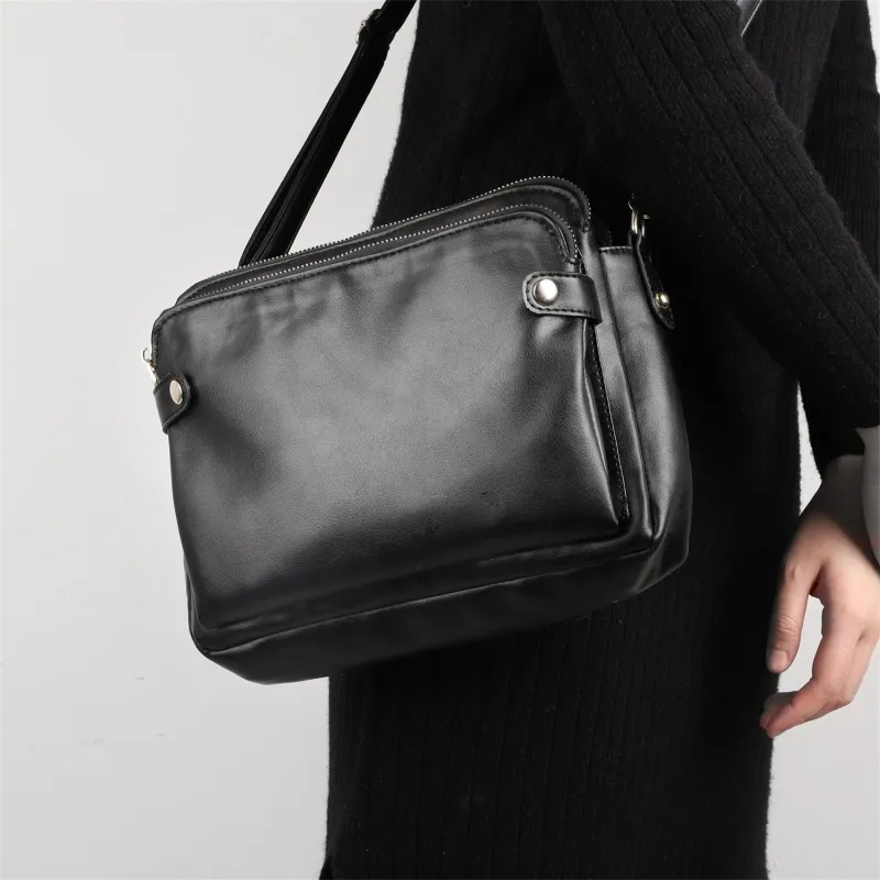 Three-Compartment Vegan Leather Crossbody Bag