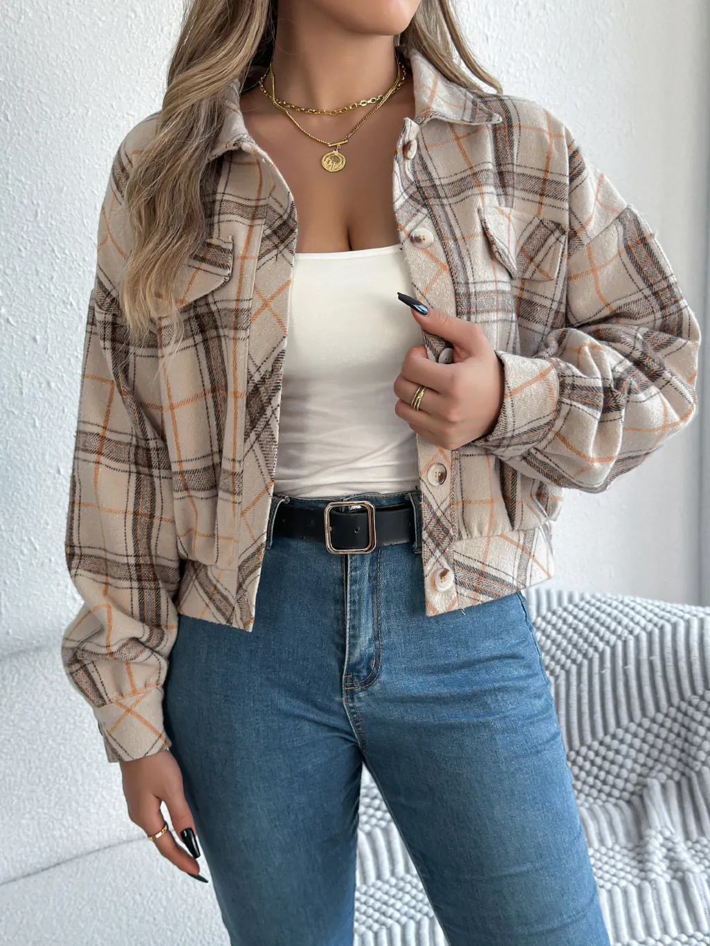 Plaid Faux Pocket Long Sleeve Woolen Cloth Jacket Coat - Apricot