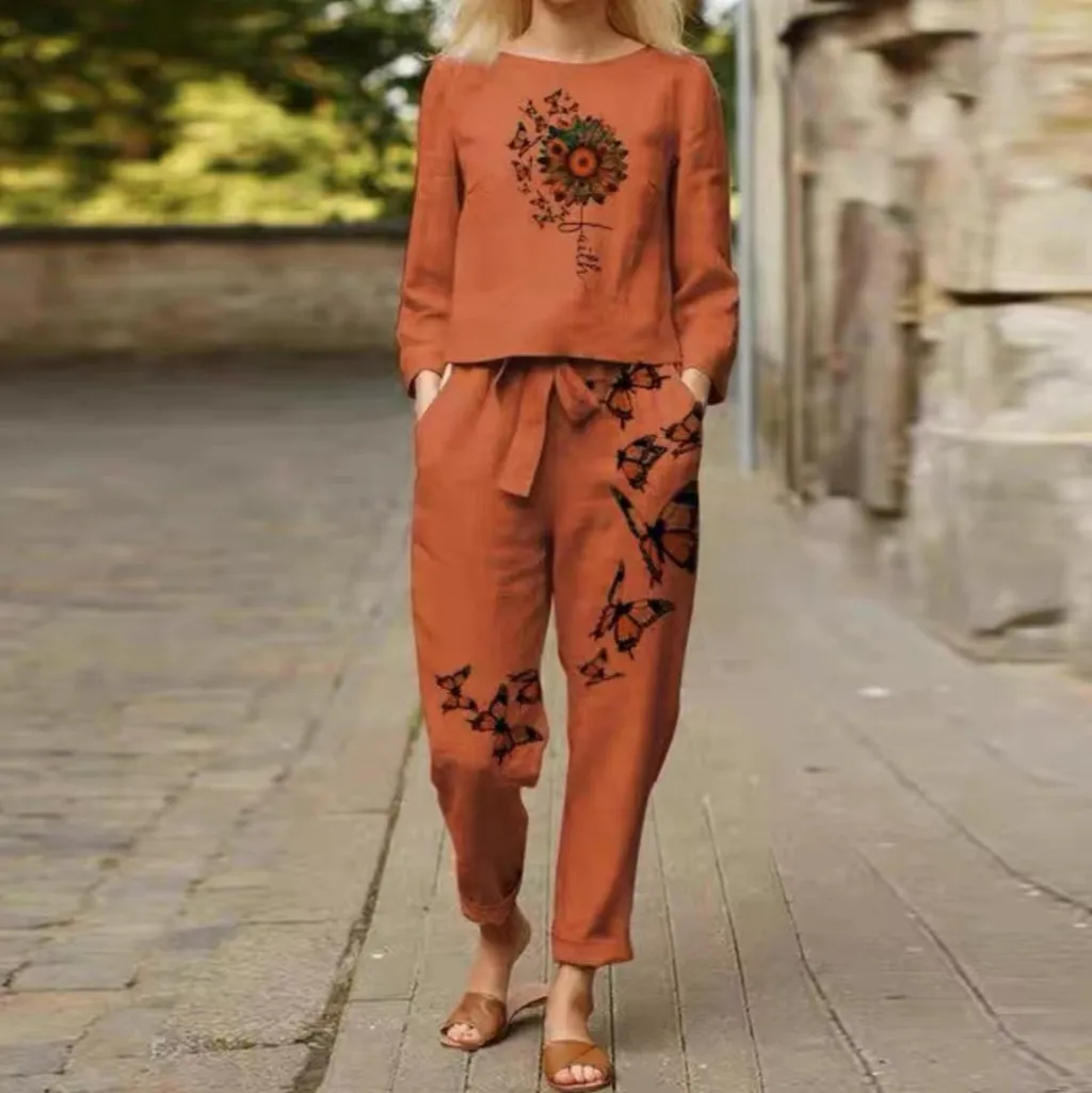 Casual Women's Floral Round Neck Long-sleeve Suit - 8813Style