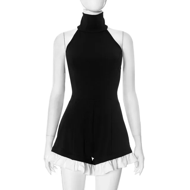 Contrast Color Sleeveless Halter Backless Siamese Shorts Black - Shop at LoveMi