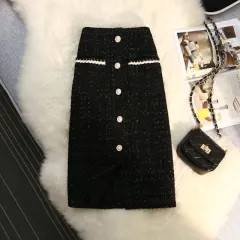 High Waist Slimming Breasted Pocket A- Line Slit Skirt - Black - View 1