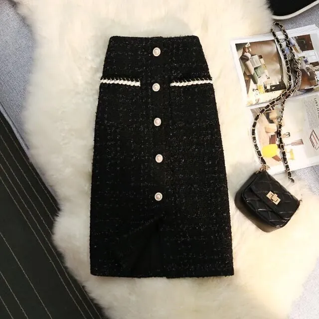 High Waist Slimming Breasted Pocket A Line Slit Skirt Black - Shop at LoveMi