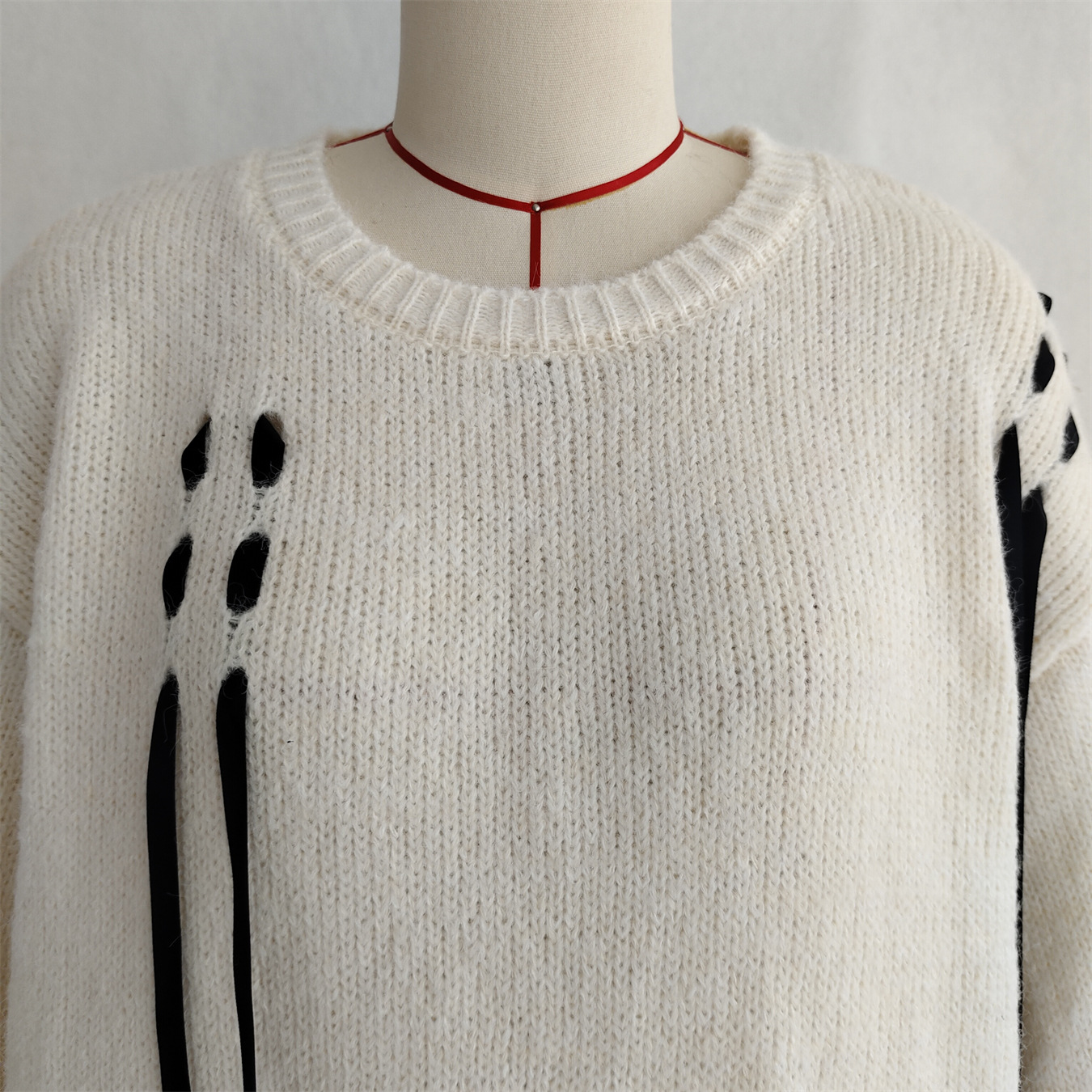 Handmade Lace-up Knitted Round Neck Long Sleeve Loose Sweater