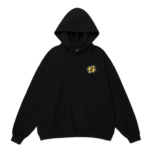 Washed And Worn Worn out Design Leisure All matching Hoodie Black - Shop at LoveMi