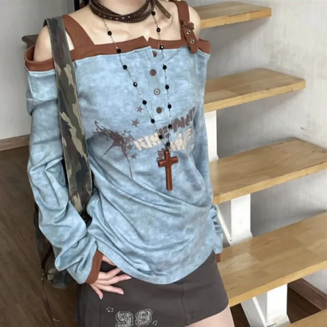 Retro Slim fit Off shoulder Women's Long t shirt Blue - Shop at LoveMi