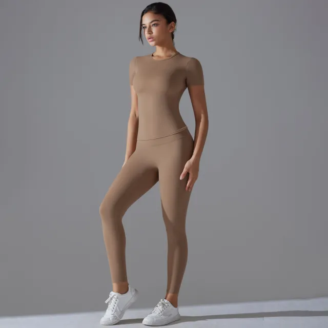 Women's Solid Color Quick drying Yoga Clothes Short sleeved Trousers Sports Suit Cocoa Color M - Shop at LoveMi