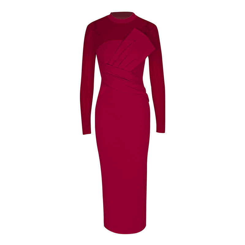 Fashionable And Elegant Slim fit Patch Sexy Waist cinching Slit Dress Wine - Shop at LoveMi