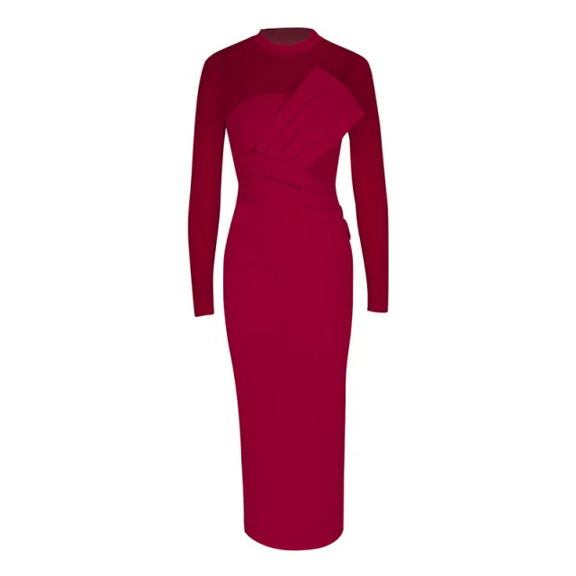 Fashionable And Elegant Slim fit Patch Sexy Waist cinching Slit Dress Wine Red - Shop at LoveMi
