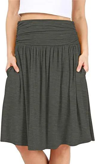 European And American Women's Clothing Pleated Elegant Midi Skirt - Gray
