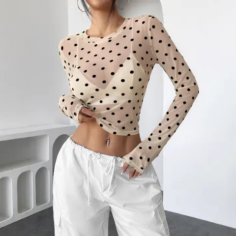 Design Sense See-through Dot Slim Mesh Round Neck Long