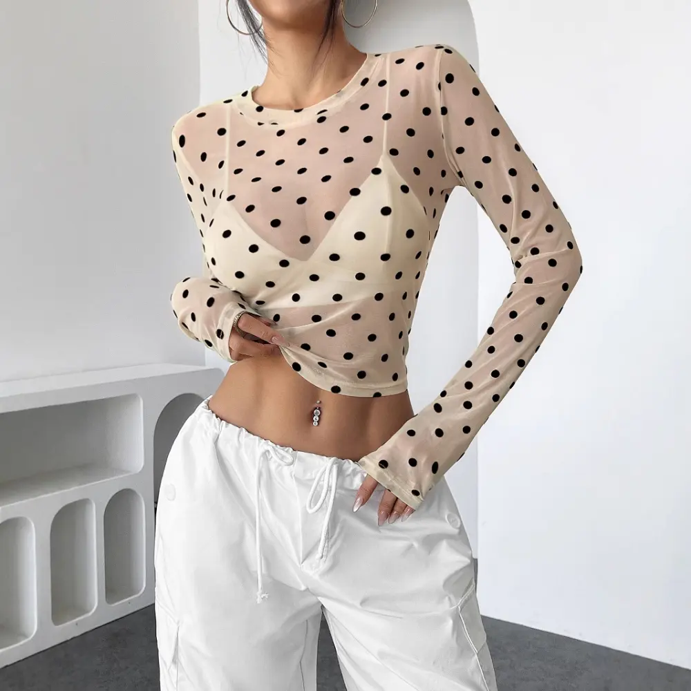 Design Sense See-through Dot Slim Mesh Round Neck Long