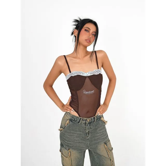 Padded Strap Jumpsuit Female Lace Floral Border Mesh Brown - Shop at LoveMi