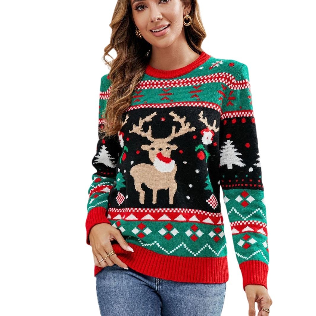 Women's Round Neck Jacquard Christmas Sweater Versatile Long Sleeve