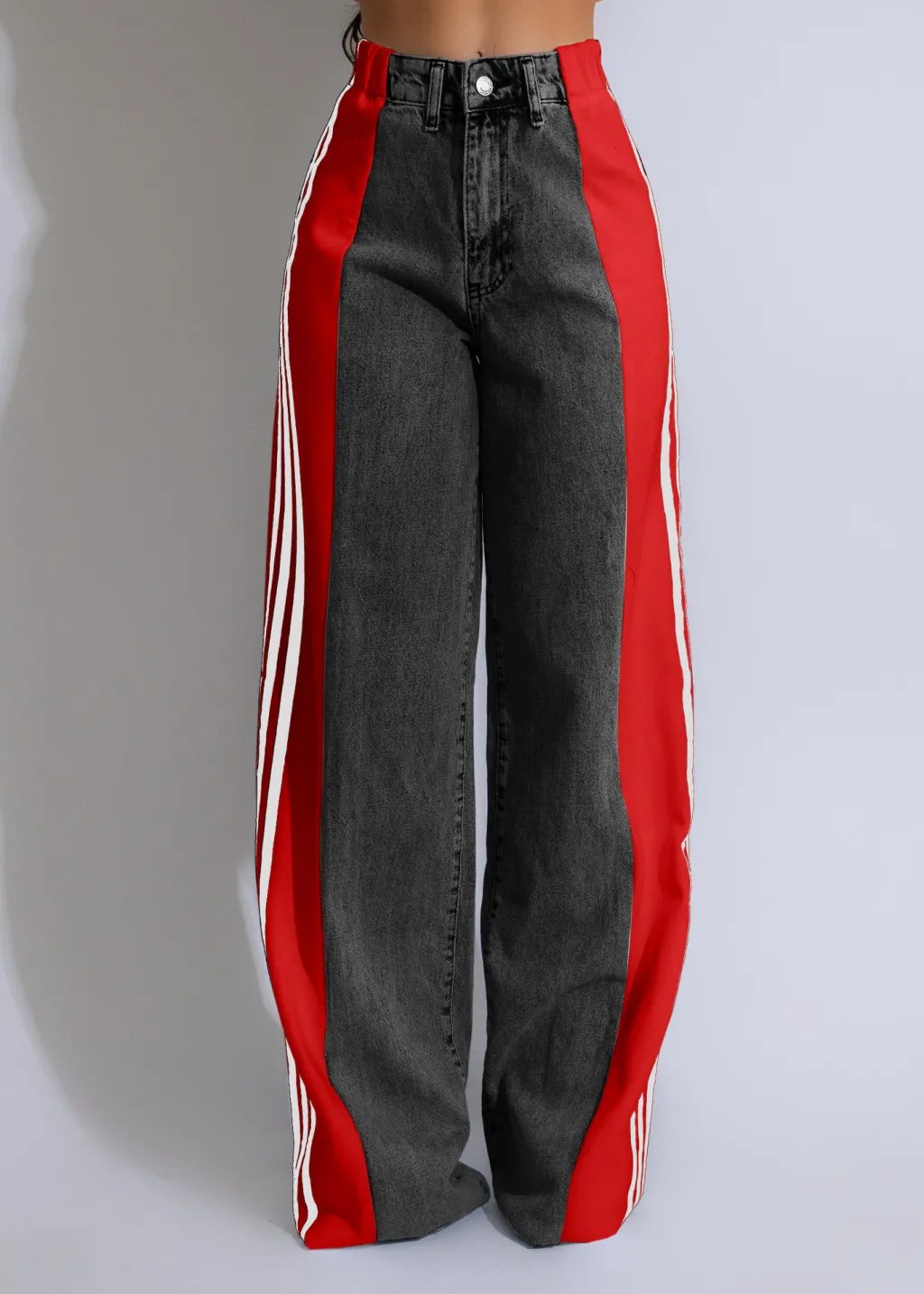 Summer Fashion Stitching Three Striped Wide Leg Denim Trousers For Women - Black Denim Red G0668