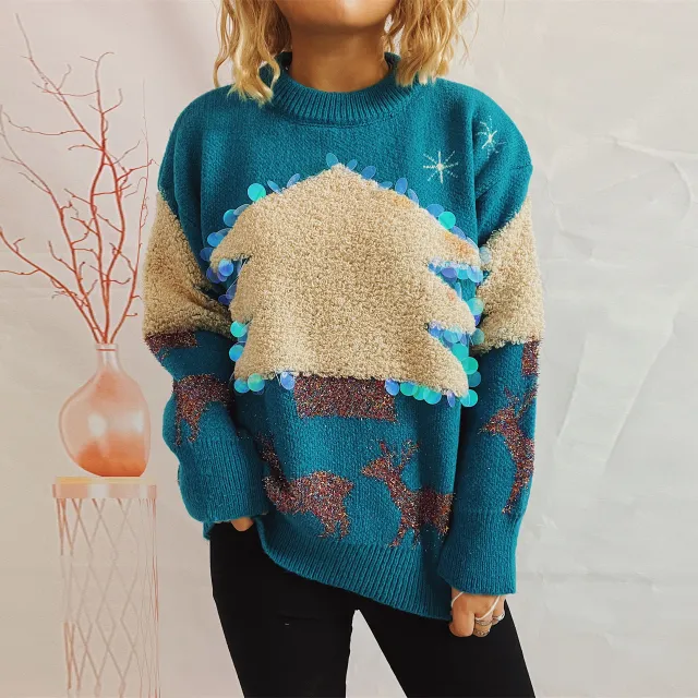 Women's Fashion Christmas Holiday Handmade Sequined Christmas Tree Sweater Blue Green - Shop at LoveMi