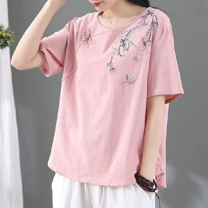 Women's Fashion Retro Frog Button Short Sleeve T-shirt - Pink