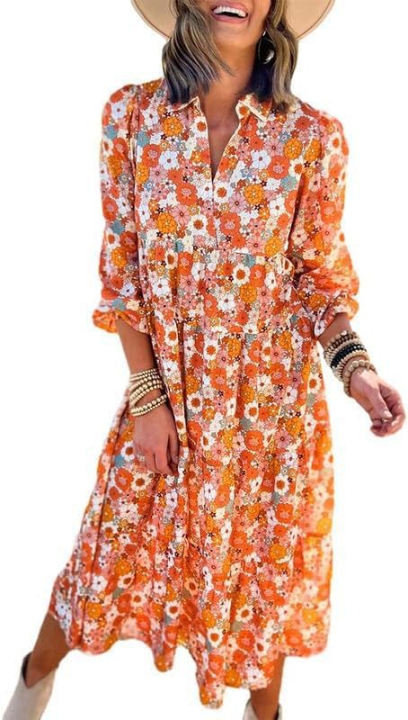 Womens Casual Loose fitting Bohemian Dress Orange - Shop at LoveMi