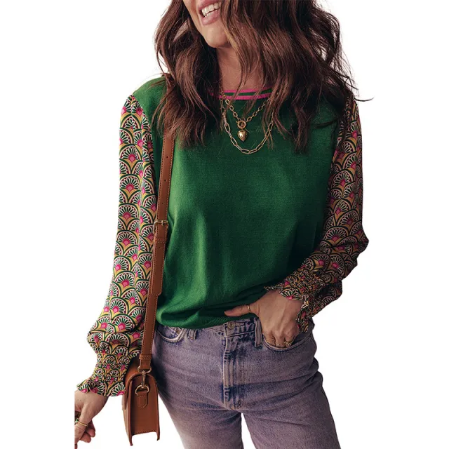 Floral Patchwork Pleated Cuff Puff Sleeve Sweater Green - Shop at LoveMi
