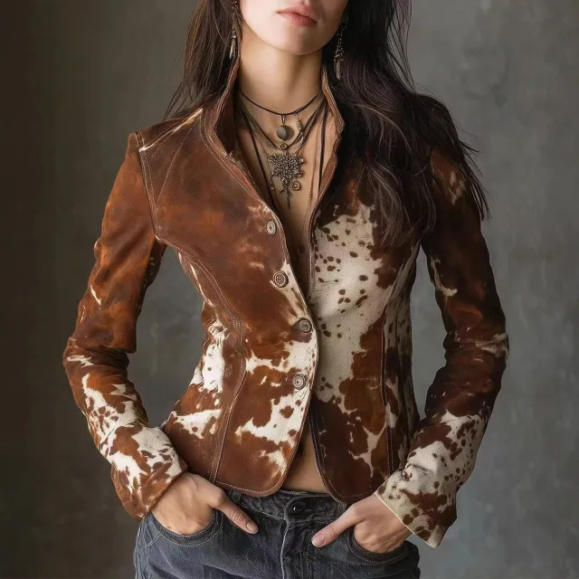 Women's Polyester Lapel Print Long sleeved Coat Brown - Shop at LoveMi