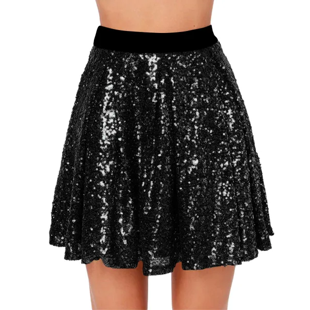 Sequin Elastic Waist Pleated Skirt For Women Black - Shop at LoveMi
