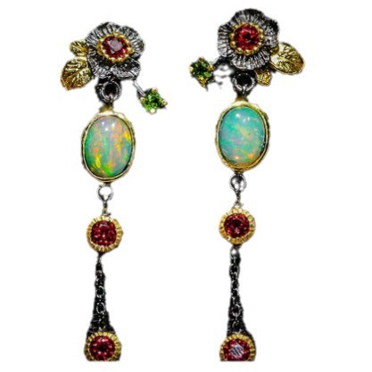 Lady's Flower Rainbow Opal Earrings