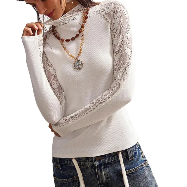 Women's Lace Hollow out Long sleeved Top White - Shop at LoveMi