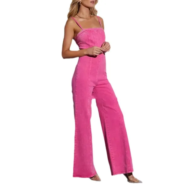 Women's Cotton Denim Washed Suspenders Slim Fit High elastic Jumpsuit Rose Pink - Shop at LoveMi