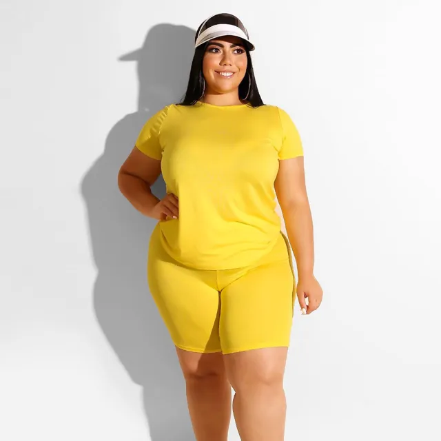 Plus Size Women's Casual Solid Color Round Neck T shirt Shorts Set 1 Yellow - Shop at LoveMi