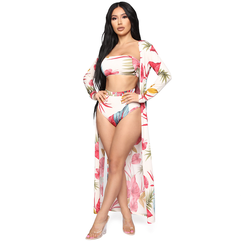 Printed Swimsuit Three-piece Long Sleeve Shawl