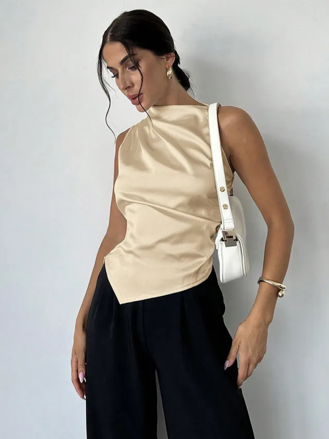 Womens Summer Satin Shirt Minimalist Design Apricot - Shop at LoveMi