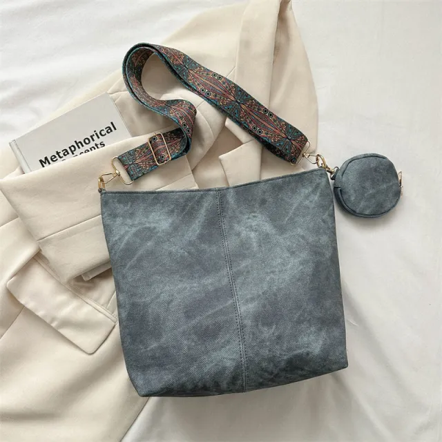 Large Capacity Fashion Vintage Wide Shoulder Strap Shoulder Bag Blue - Shop at LoveMi