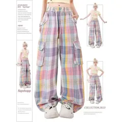 Women's Dopamine Wear Colour Plaid Multi-pocket Straight-leg Pants - Purple Plaid Overalls - View 1