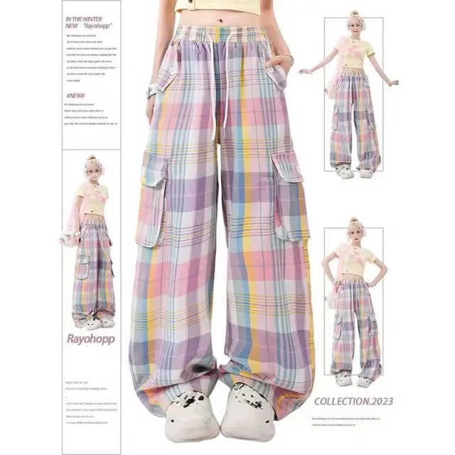 Women's Dopamine Wear Color Plaid Multi pocket Straight leg Pants Purple Plaid Overalls - Shop at LoveMi