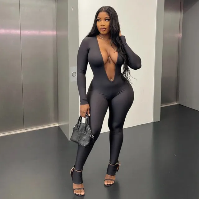 New Women's Fashion Sexy Backless Deep V Long Sleeve Solid Color Tight Jumpsuit Black - Shop at LoveMi