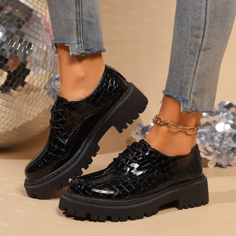 Lace-up Casual Round-toe Thick-soled Wedge Leather Shoes