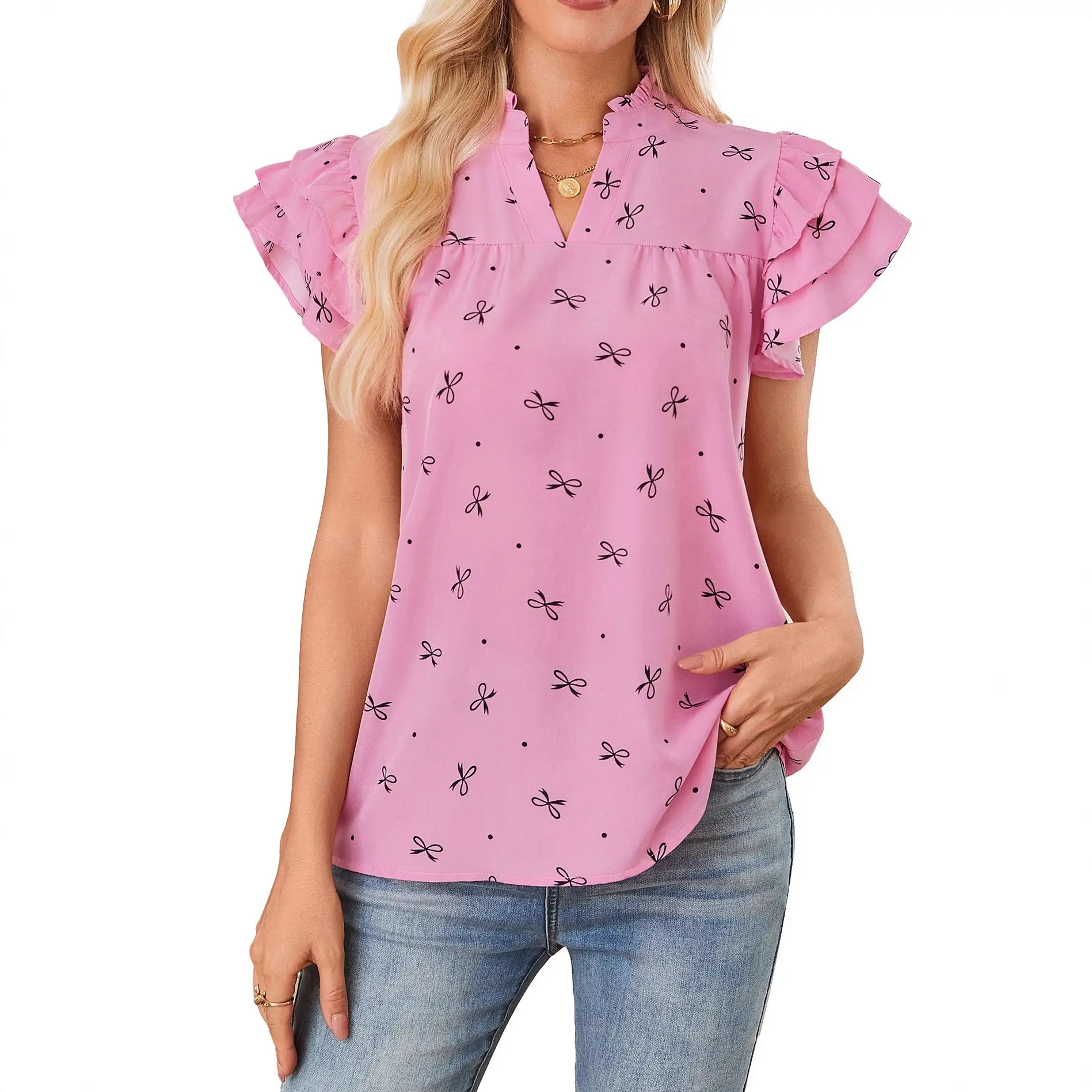 V-neck Sweet Chiffon Top With Tiered Ruffle Sleeves